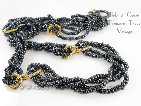 Avon Louis Feraud Twisted Rope Necklace Hematite Caviar Glass Beads 1983