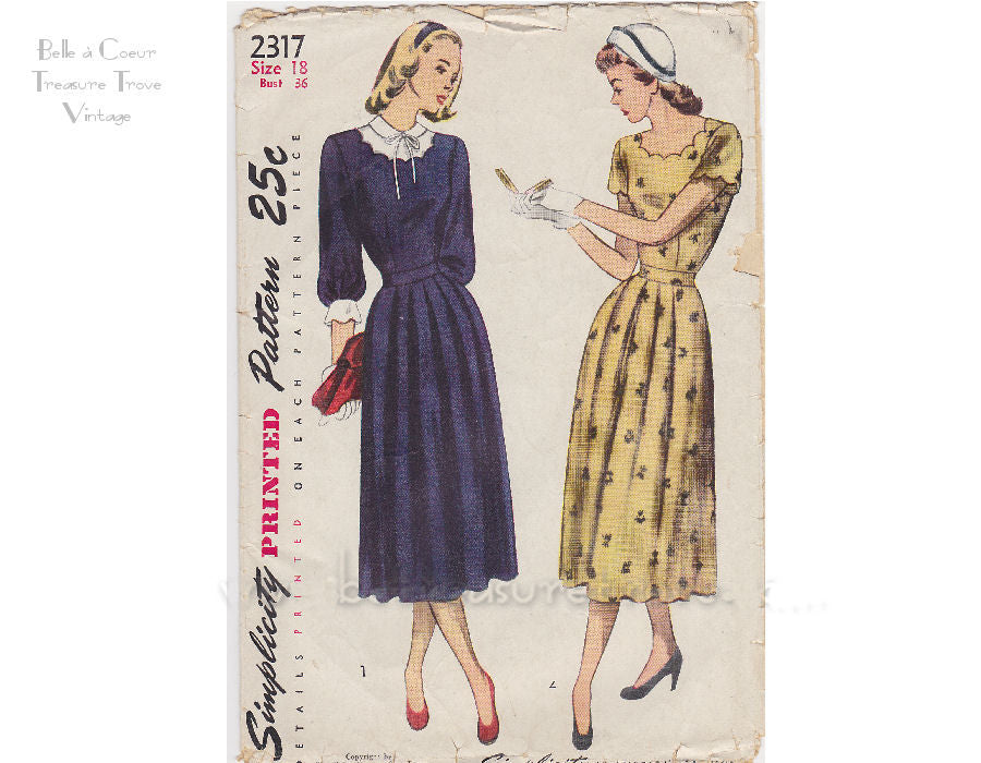 1940s Ladies Day Dress Scalloped Neck Sewing Pattern Vintage Simplicit –  Belle à Coeur Treasure Trove