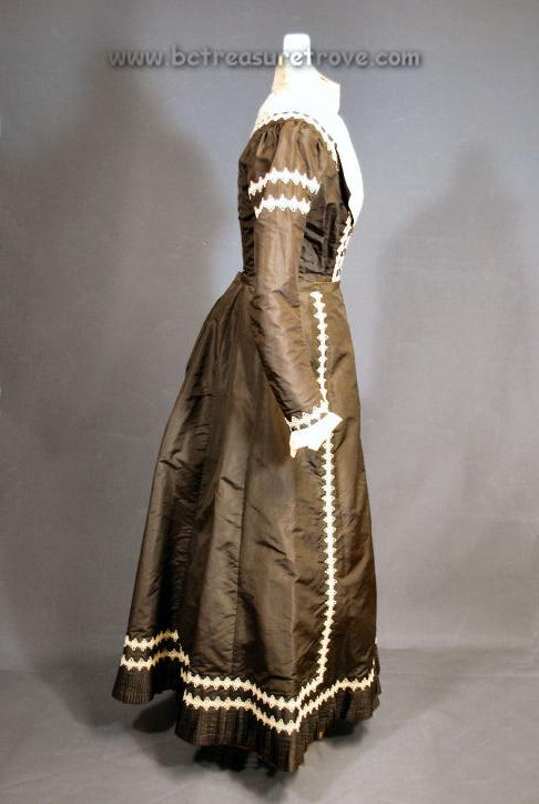 Brown and Cream Silk Antique Victorian Dress with Braid