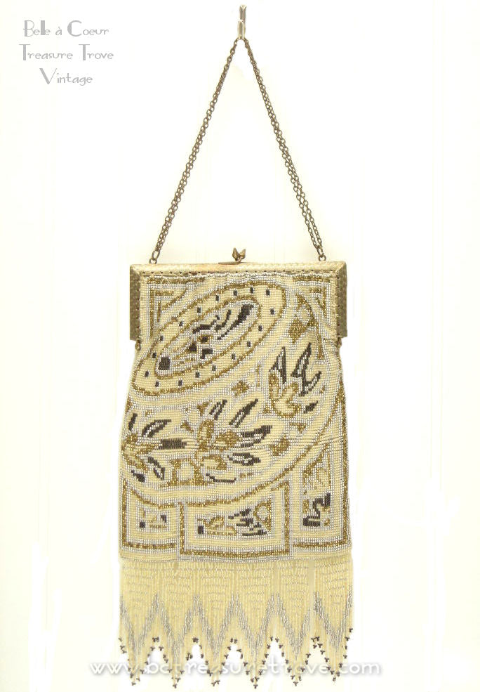 Vintage Beaded Handbag Gold Chain Ivory Beading Embellished