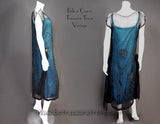Original 20s Flapper Dress Teal Underdress w/Beaded Black Overdress - Side and Back