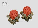 Vintage Faux Coral and Imitation Pearl Earrings Signed Alice Caviness