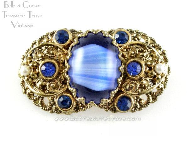 German Repousse Goldtone Brooch Variegated Blue Art Glass – Belle