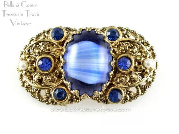 Blue Art Glass Goldtone Faux Repousse Brooch Signed Germany