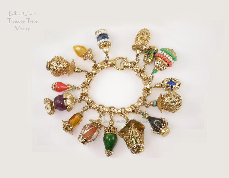 Vintage Charm Bracelet 9k Gold Tea Pot Lantern Grecian Lamp Heart 7 C –  Jewelryauthority