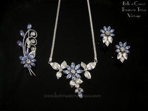 Vintage Krementz Silver Leaves with Light Sapphire Blue Glass Flower Necklace, Brooch, & Earrings Set 