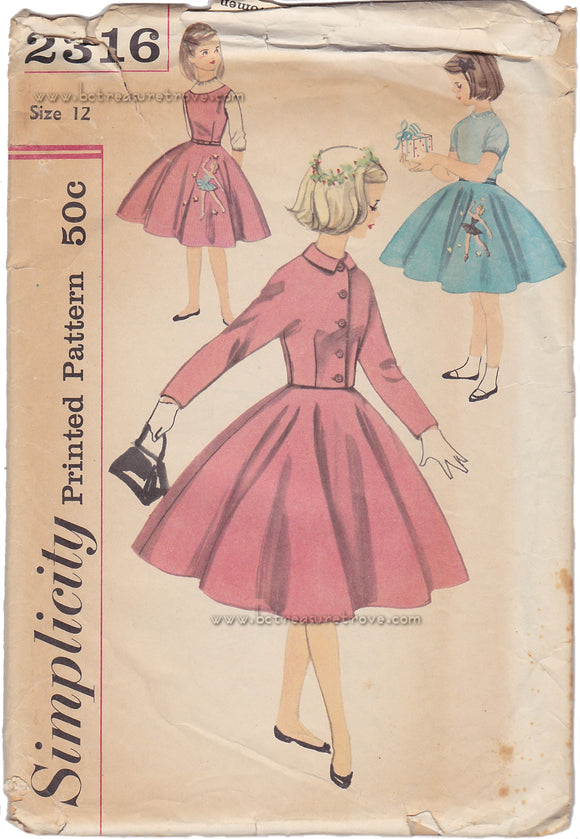 Vintage 1950s Simplicity 2316 Sewing Pattern Girl’s Size 12 Dress with Jacket & Transfer B 30