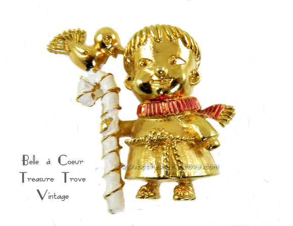 Vintage Christmas Brooch Monk with Candy Cane and Bird Signed Corel