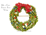 Christmas Wreath Brooch Vintage Pin with Red Bow Signed ART