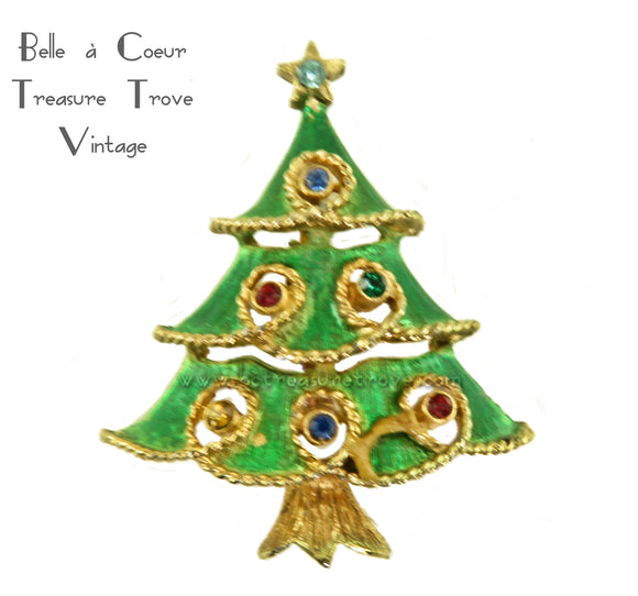 Vintage Green Christmas Tree Brooch Signed J J
