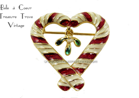 Vintage Christmas Candy Cane Heart with Mistletoe Pin Brooch Signed GiGi