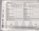 The back of a sewing pattern envelope for McCall's Misses Skirts No. 6284, showing size measurement tables, fabric suggestions, and line drawings of the skirt designs on a white background.