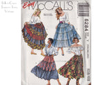Easy McCall's sewing pattern envelope for pattern number 6284, featuring vintage illustrations of women wearing tiered skirts in various colorful patterns. Broom Skirt