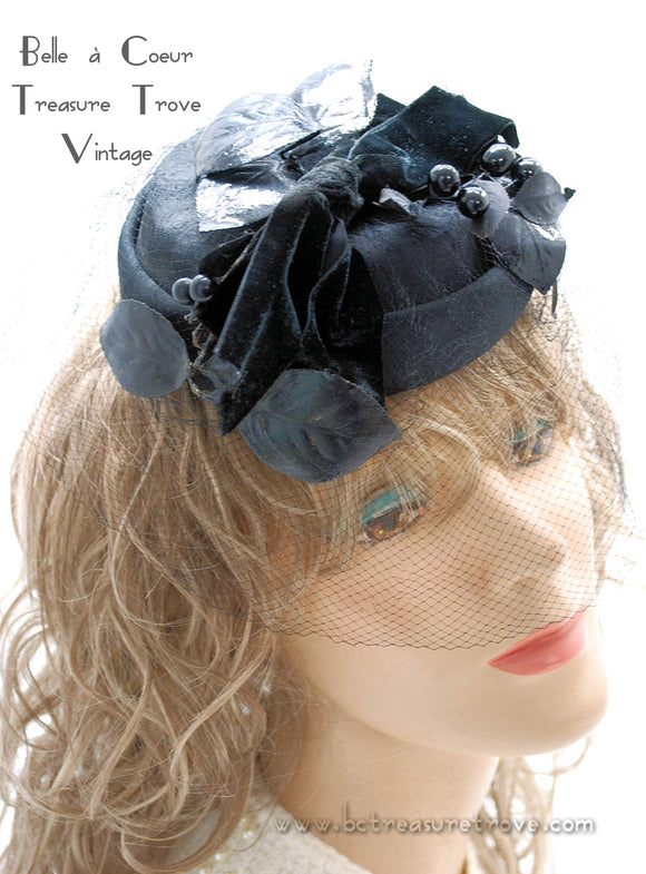 Vintage Hat Mr. John Demi Chapeau New York Paris Black with Veil 1950s