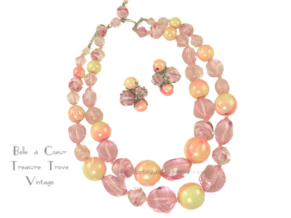 Vogue Chunky Beaded 2 Strand Multi Strand Necklace Earrings Set Vintage Pink White Yellow