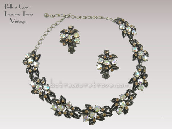 Florenza Necklace & Earrings Demi Parure Gunmetal Rhinestones
