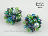 Alice Caviness Blue Green Beaded Cluster Clip Earrings Vintage 