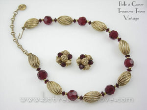 Vintage Lisner Choker Necklace & Earrings Set Garnet Red and Goldtone