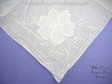 Vintage White Ladies Handkerchief with Appliqued Embroidered Flower 12098