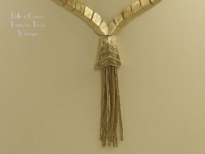 Stunning Vintage KRAMER Jewelry Matte Finish Yellow Gold Tone Metal Openwork Designs Fringe Chain Dangling Pendant good & Necklace Etruscan Style