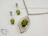 Whiting & Davis Olivine Green Silvertone Pendant Necklace & Earrings Set Vintage