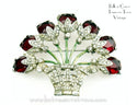 Vintage Flower Basket Brooch Ruby Red Glass Stones & Clear Rhinestones