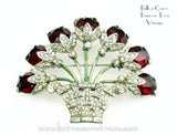 Vintage Flower Basket Brooch Ruby Red Glass Stones & Clear Rhinestones 