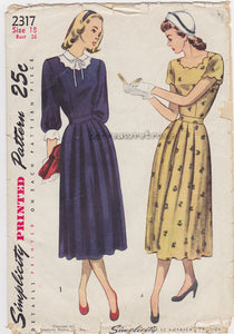 1940s Ladies Day Dress Scalloped Neck Sewing Pattern Vintage Simplicity 2317 Bust 36