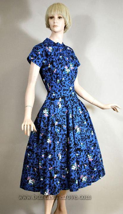 1950s Nelly Don Day Dress with Floral and Abstract Print - XS