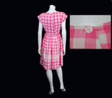 1960s Vintage Swril Wrap Dress Pink and White Check - Back View and Swirl Button