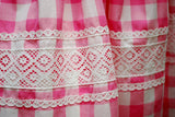 1960s Vintage Swril Wrap Dress Pink and White Check - Lace Detail on Skirt (Note the scalloped edging is not caught by top row of stitching) 
