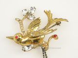 Detail - Large Gold Plated Sterling Bird with Rhinestones Vintage Chatelaine Pin Vermeil 60699