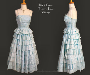 Blue Ruffled Flounced Full Circle Party Prom Dress – 1950s – XS