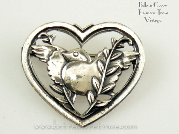 Vintage Sterling Bird in Heart Pin – Coro Pegasus Sterling – Book Piece 70794