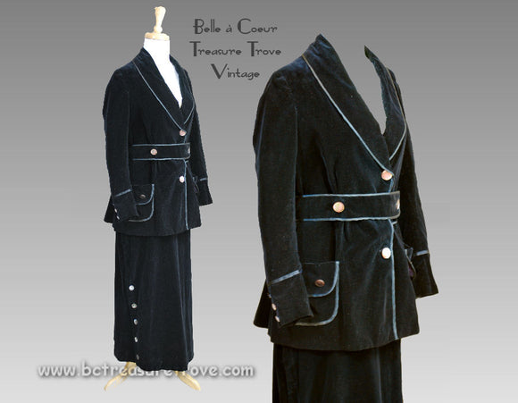 Mid 1910s Navy Blue Velvet Walking Suit - Antique Walking Dress