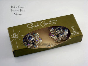 Sarah Coventry Red AB Rhinestone Fashion Flower Earrings with Original Box & Card 