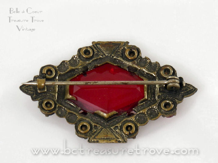 VTG 2024 CZECH Estate Brooch Red Glass Rhinestone Huge Cabochon Center Open Back WOW!