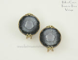 Black and Gray Floral Button Earrings Hillcraft Vintage