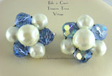 Blue AB Crystal Faux Baroque Pearl Bead Cluster Earrings 