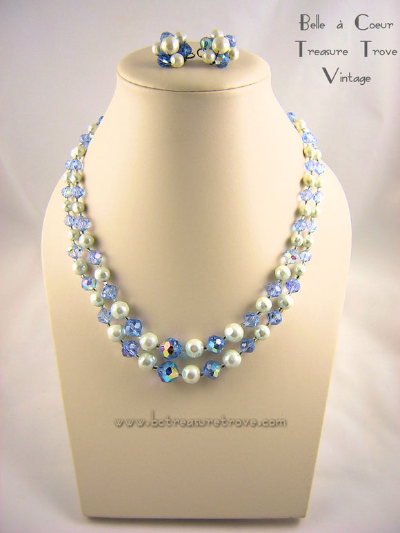 Laguna Blue AB Crystal Faux Baroque Pearl Bead Necklace Earring Set 