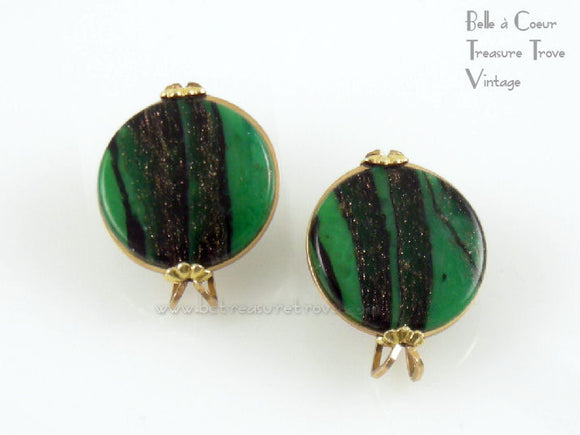 Castlecraft Green & Black Gold Fleck Faux Aventurine Earrings 