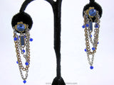 Cobalt Blue Gold Tone MultiStrand Chain Clip On Vintage Earrings - Front Detail