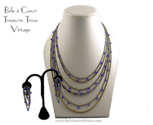 Cobalt Blue Goldtone Chain MultiStrand Vintage Necklace & Earrings Set 