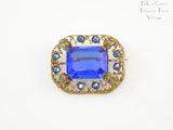 Vintage Filigree Brooch with Sapphire Blue Glass Center Stone - Signed Czecho