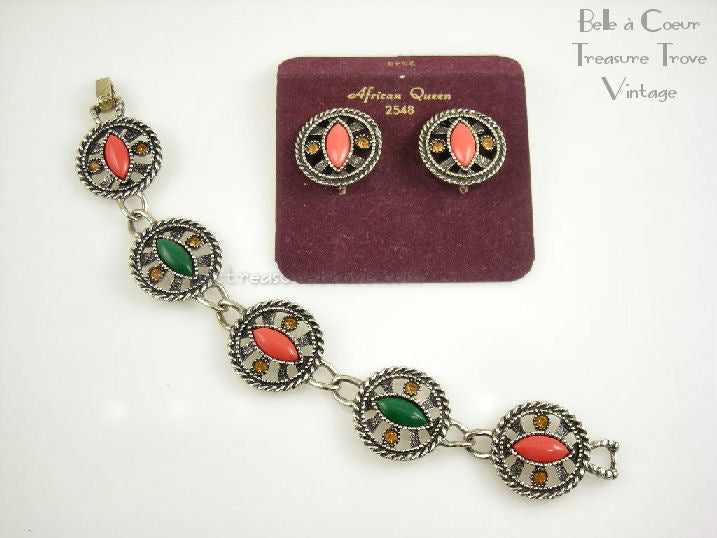 Emmons Vintage Bracelet Clip Earrings Set African Queen Belle a Coeur Treasure Trove