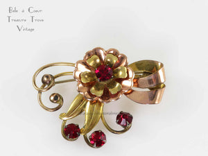 1940s Retro Rose Gold and Gold Fill Brooch with Red Stones Signed Harry Iskin