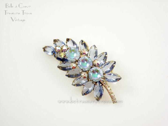 Belle à Coeur Treasure Trove Juliana Leaf Ice Blue with Scooped Out AB Coated Stones Vintage Brooch 1960s