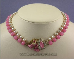 Miriam Haskell Pink Glass Faux Pearl Bead Choker Length Necklace