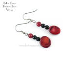 Red and Black Dyed Coral and Jet Black Glass Bead Handmade Dangle Earrings