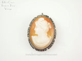 Shell Cameo Left Facing Woman Marcasite Frame 